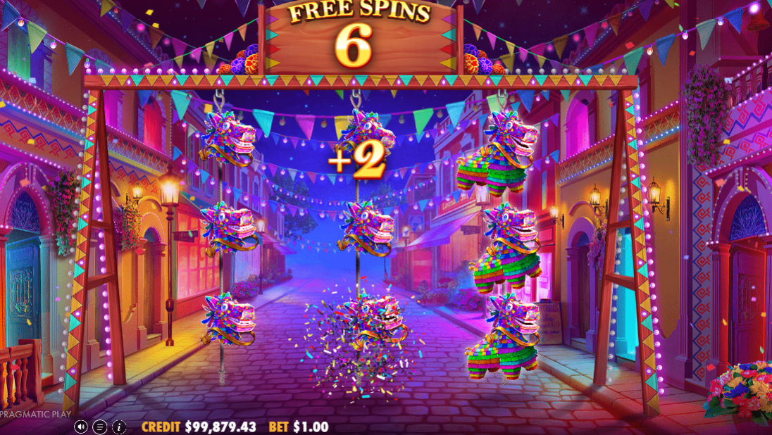 Hot Fiesta free spins reveal screen showing a 3x3 grid of piñatas adding to the free spin count.