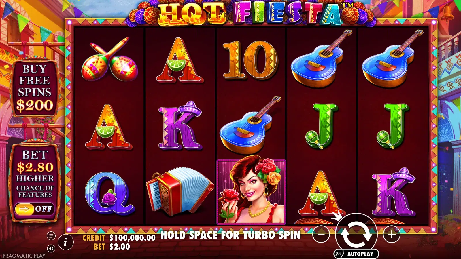 Hot Fiesta reels at the $2.00 demo stake with the $200 Buy Free Spins and $2.80 Ante Bet panels on the left