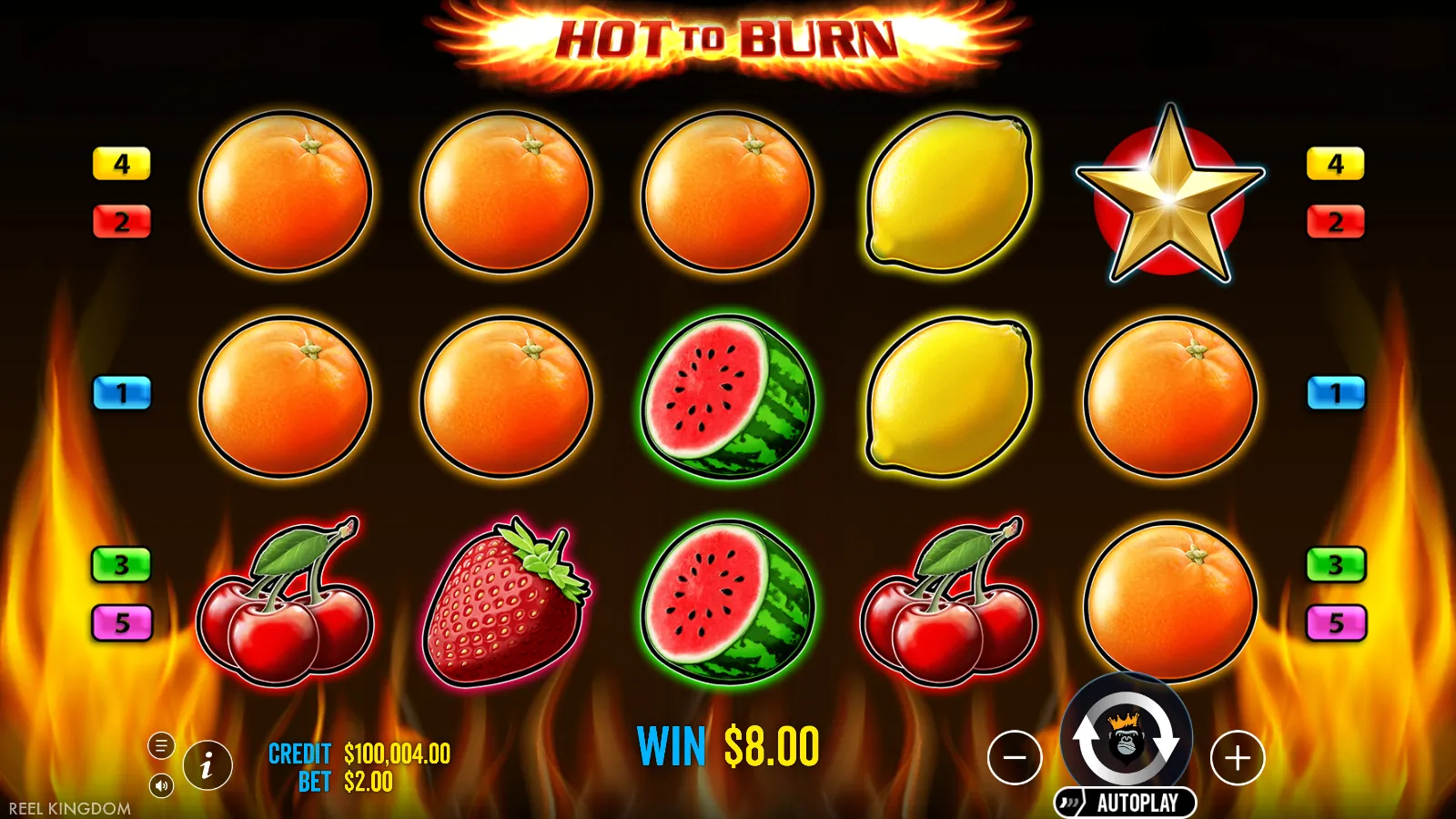Hot to Burn reels after a spin, three oranges across the top row paying $8.00 at a $2.00 bet