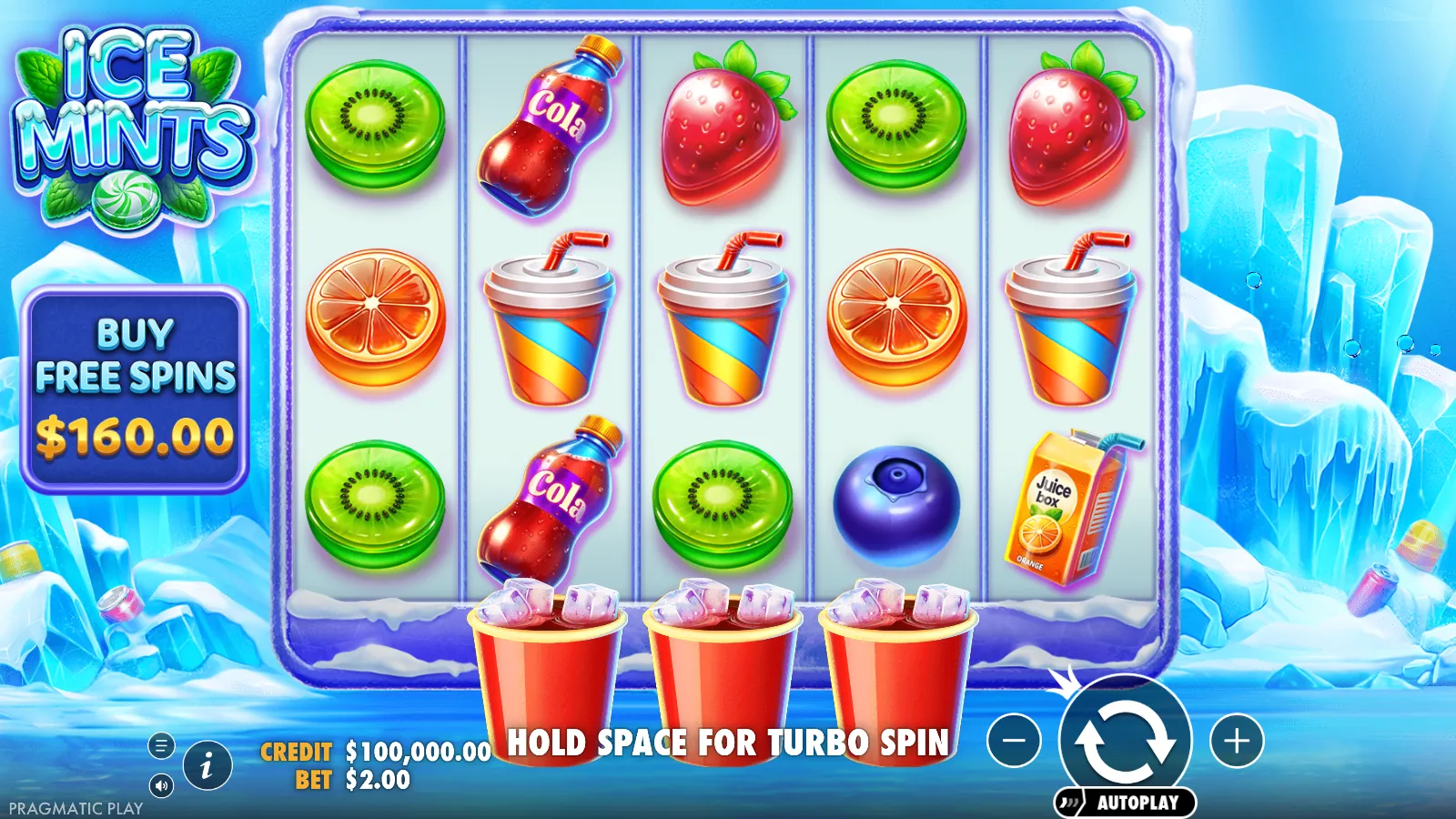 Ice Mints base game with the Buy Free Spins panel and three empty cups under reels 2, 3 and 4