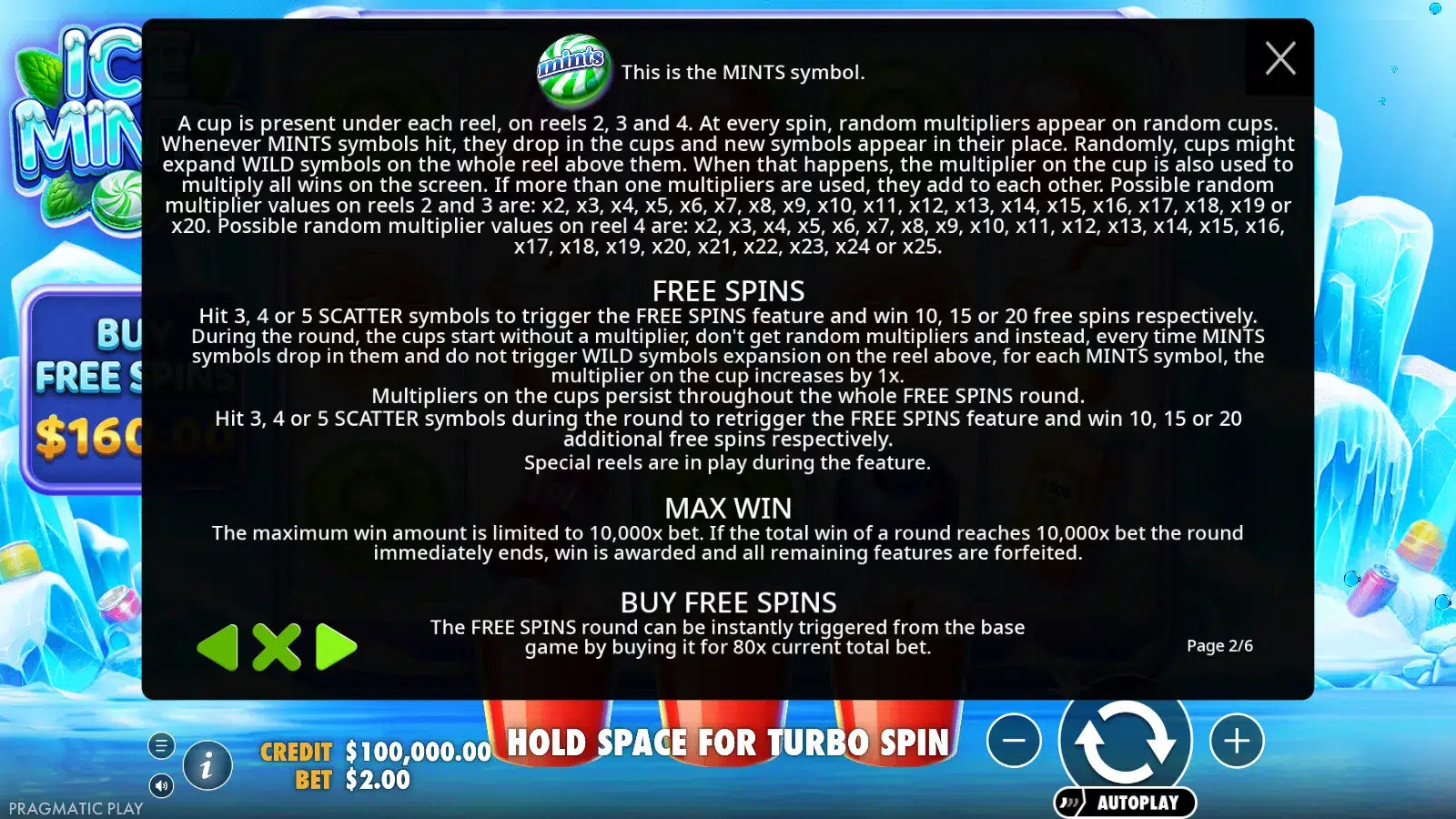 Ice Mints rules page showing the mints symbol, the cup multipliers and the free spins rules