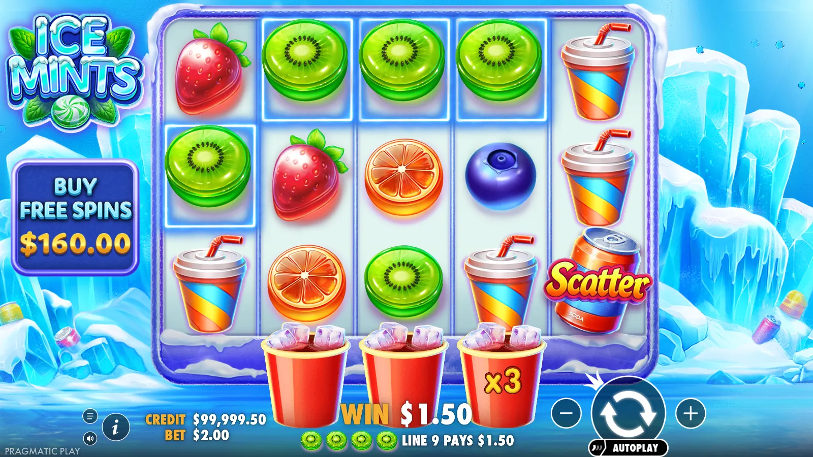Ice Mints reels after a four-kiwi line win with an x3 multiplier on the reel 4 cup and a scatter can on reel 5
