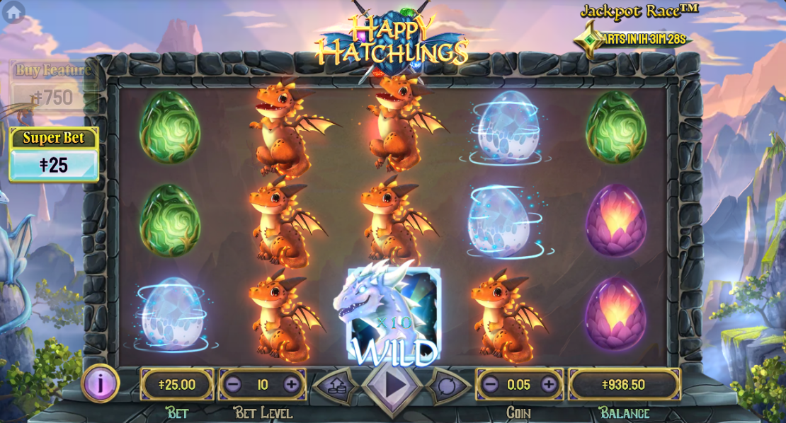 Happy Hatchlings Ice Mother wild reading x10 on the reels, orange dragons hatched around it and ice eggs mid-transformation