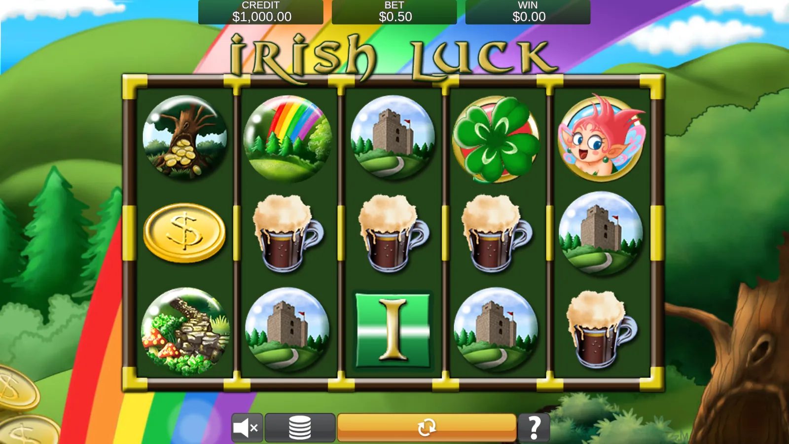 Irish Luck reels showing the money tree, rainbow, castle, Four Leaf Clover and Fairy symbols