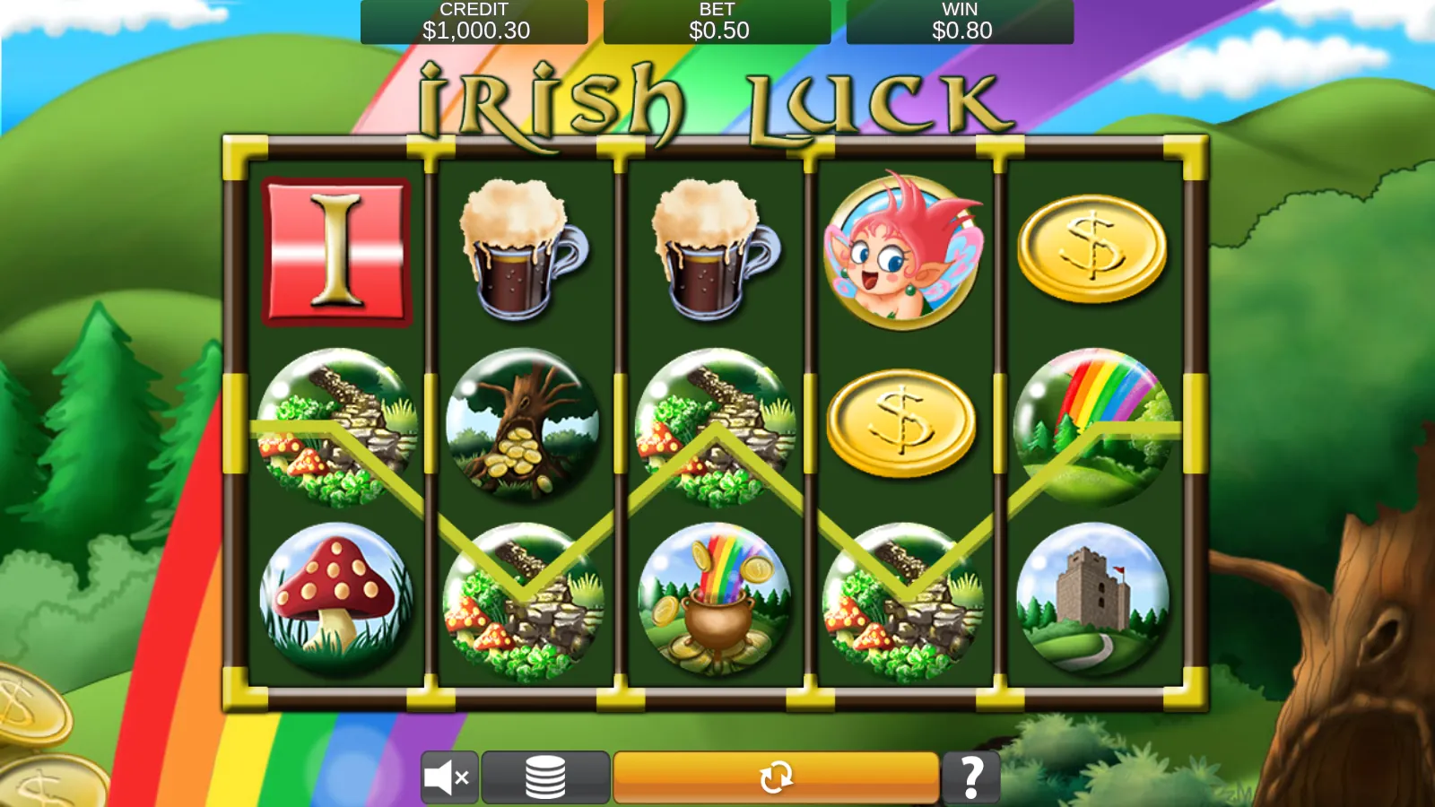 Irish Luck reels with a stone path line highlighted across all five reels