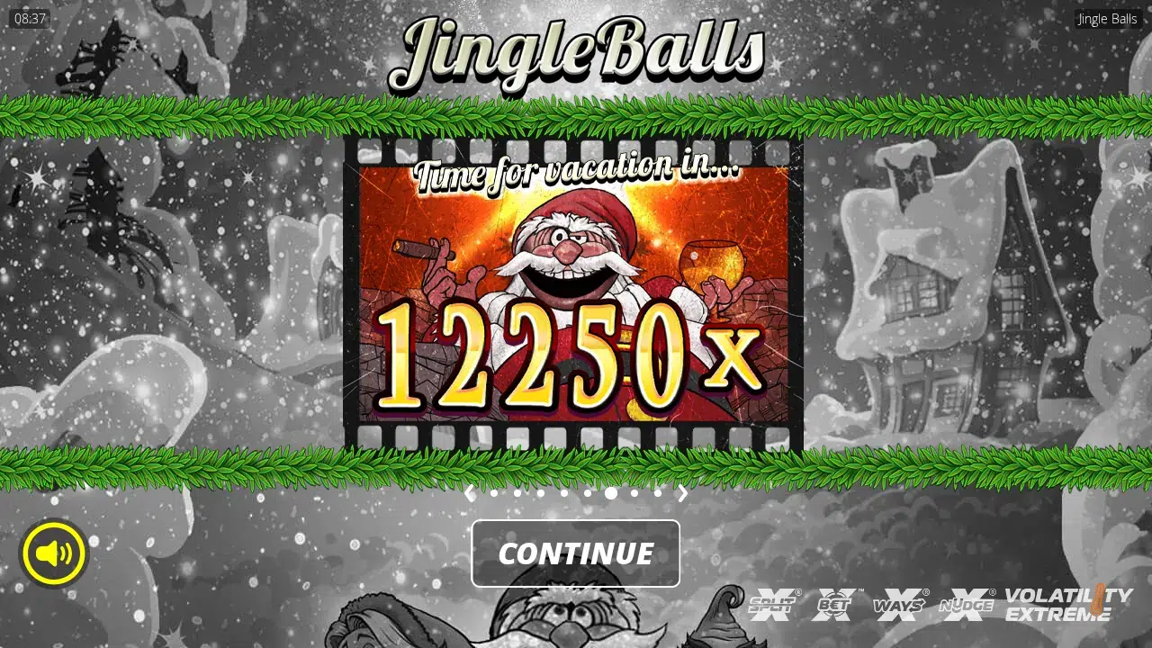 Jingle Balls splash card with a cigar-smoking Santa and the 12,250x maximum