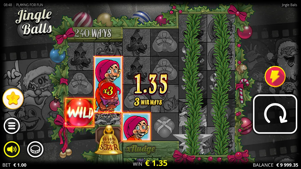 Jingle Balls reels with an x3 xWays elf on reel 2, a Wild on reel 1 and reels 5 and 6 locked under garland