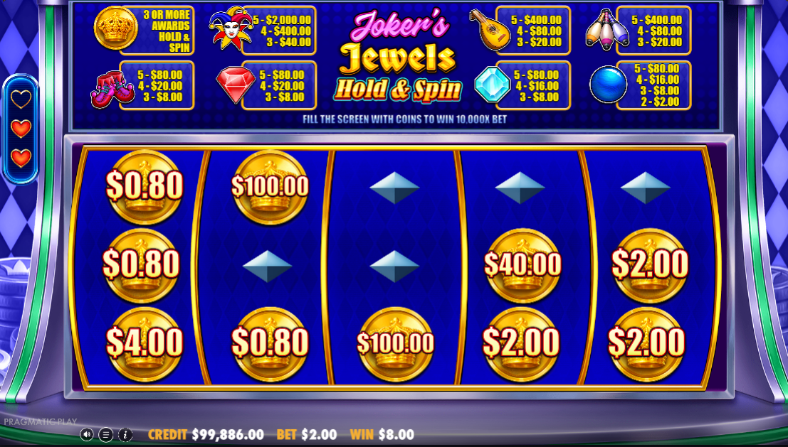 Joker's Jewels Hold & Spin round with ten crown coins locked across the reels.