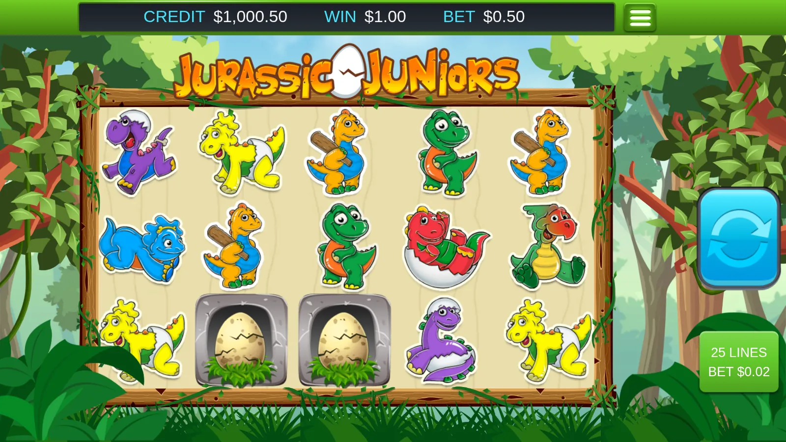 Jurassic Juniors reels with two Egg scatter symbols on the bottom row