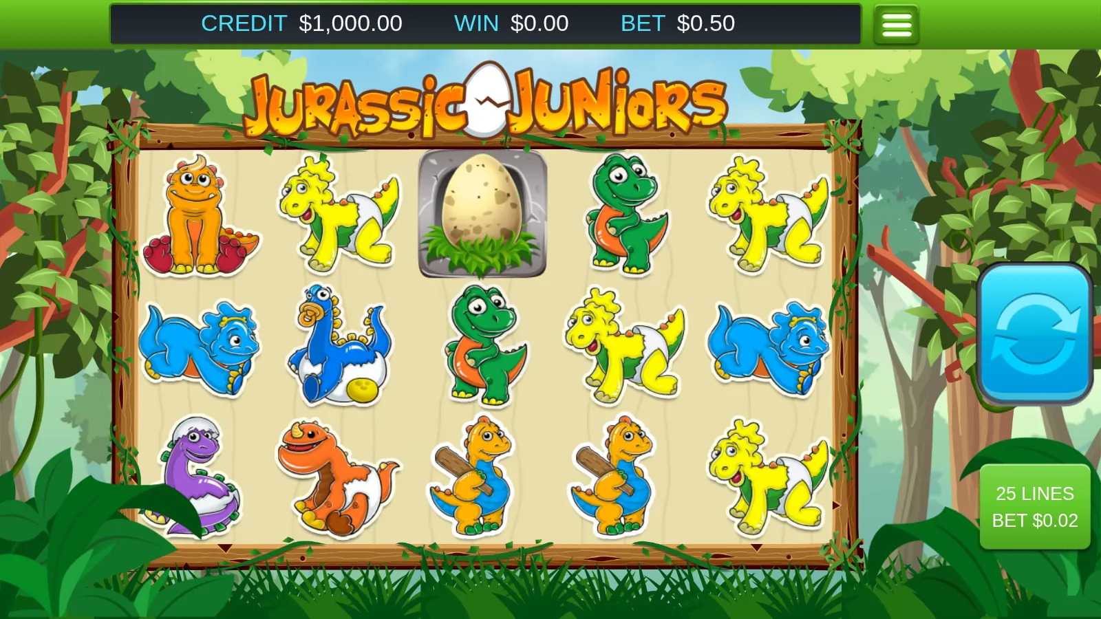 Jurassic Juniors base board showing the cartoon dinosaur symbol set with an Egg on reel 3