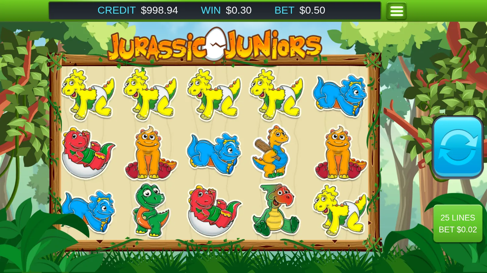 Jurassic Juniors reels after a spin with four yellow longneck dinosaurs across the top row