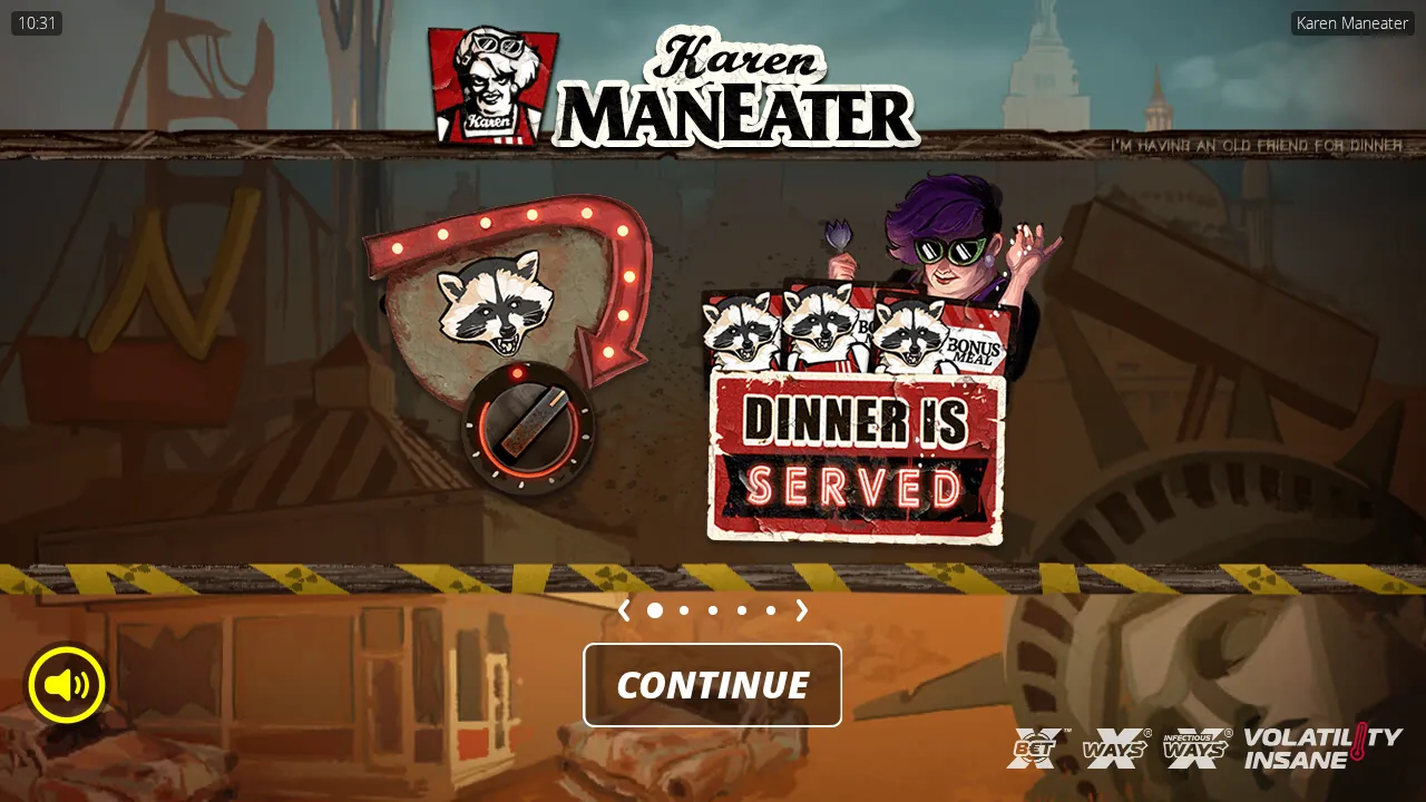 Karen Maneater splash with three raccoons over a Dinner is Served sign and the xBet dial