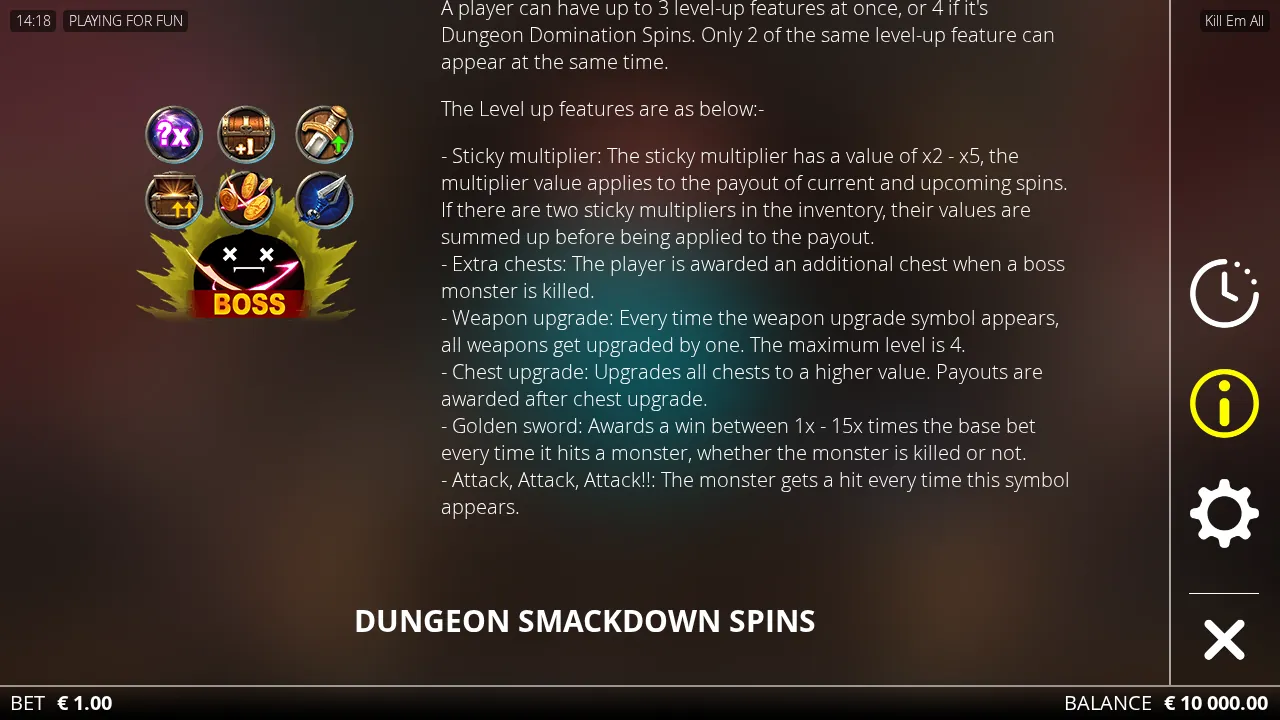 Kill Em All level-up feature icons and the BOSS badge from the game's feature guide