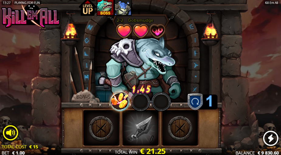 Kill Em All facing Gobsmudge with three hearts,
