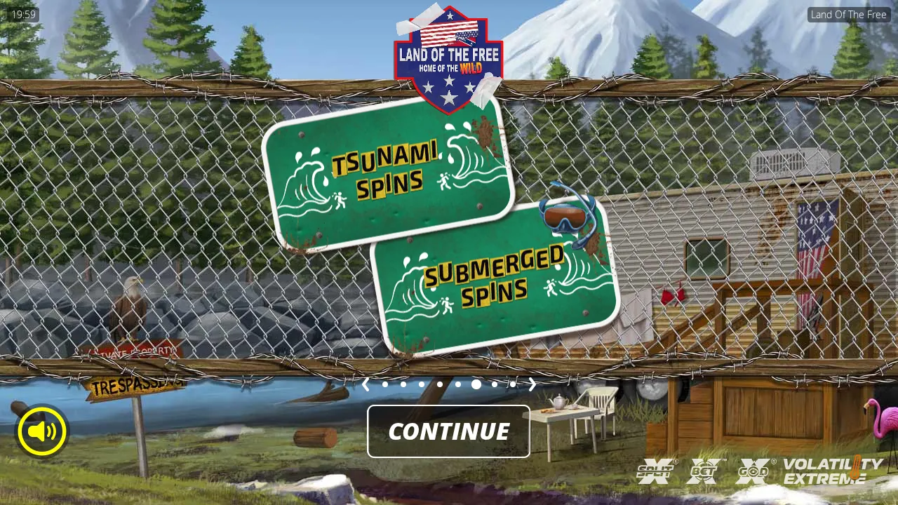 Land of the Free splash with Tsunami Spins and Submerged Spins signs under the shield logo