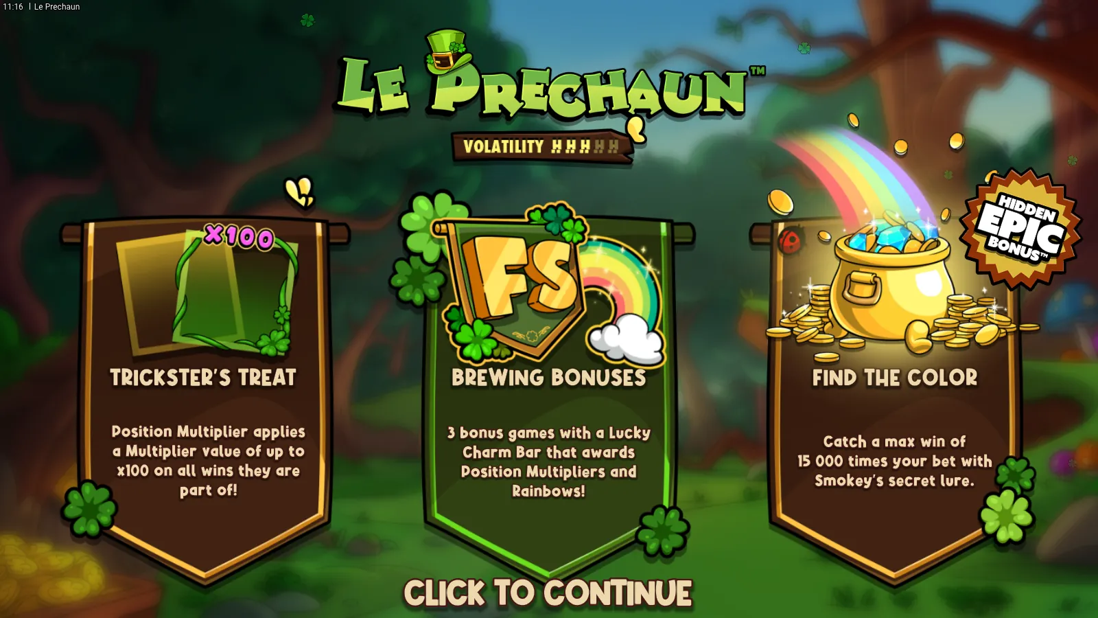 Le Prechaun splash with three hanging banners in a green wood