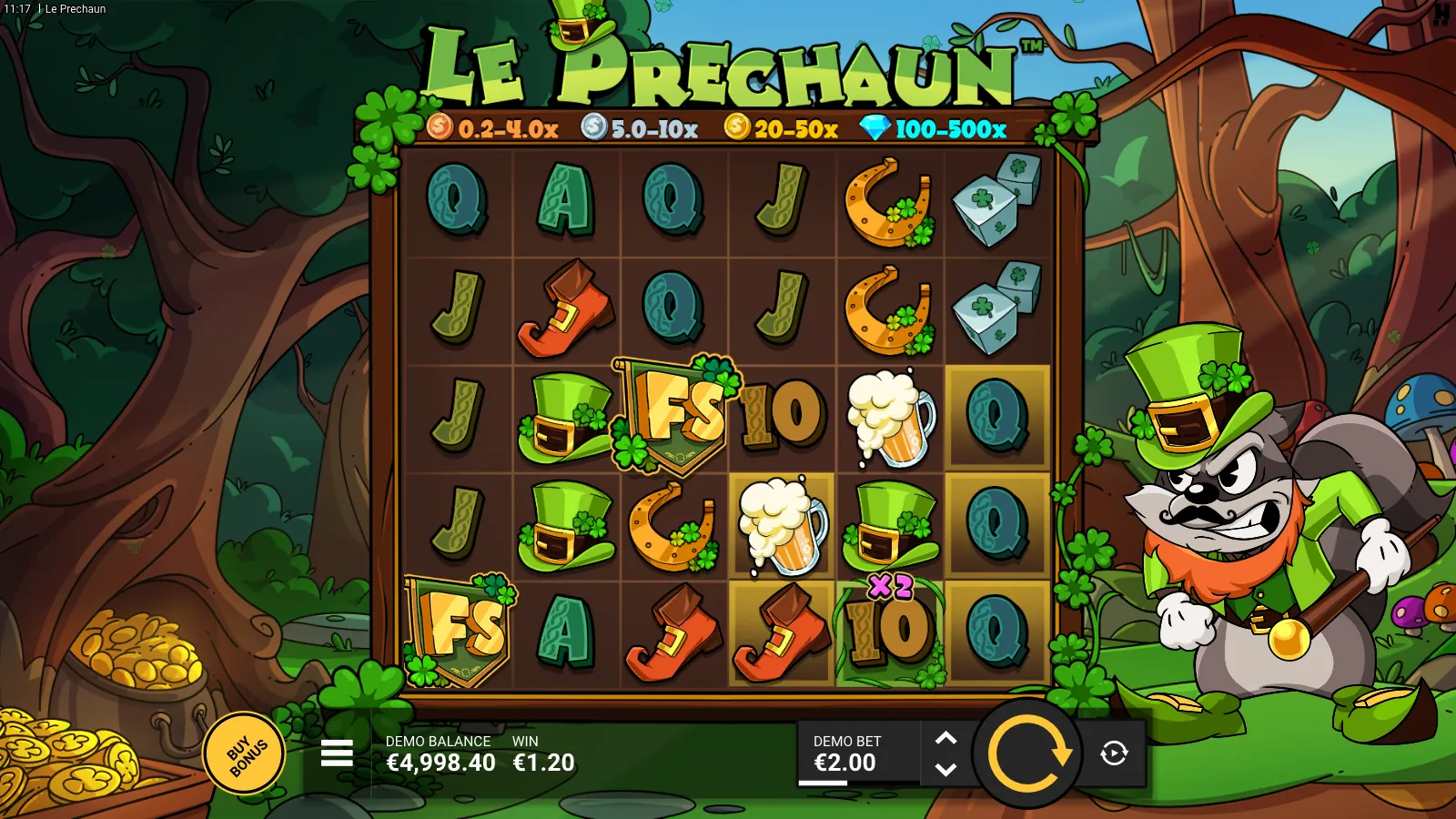 Le Prechaun reels with a pink x2 Position Multiplier on reel 5