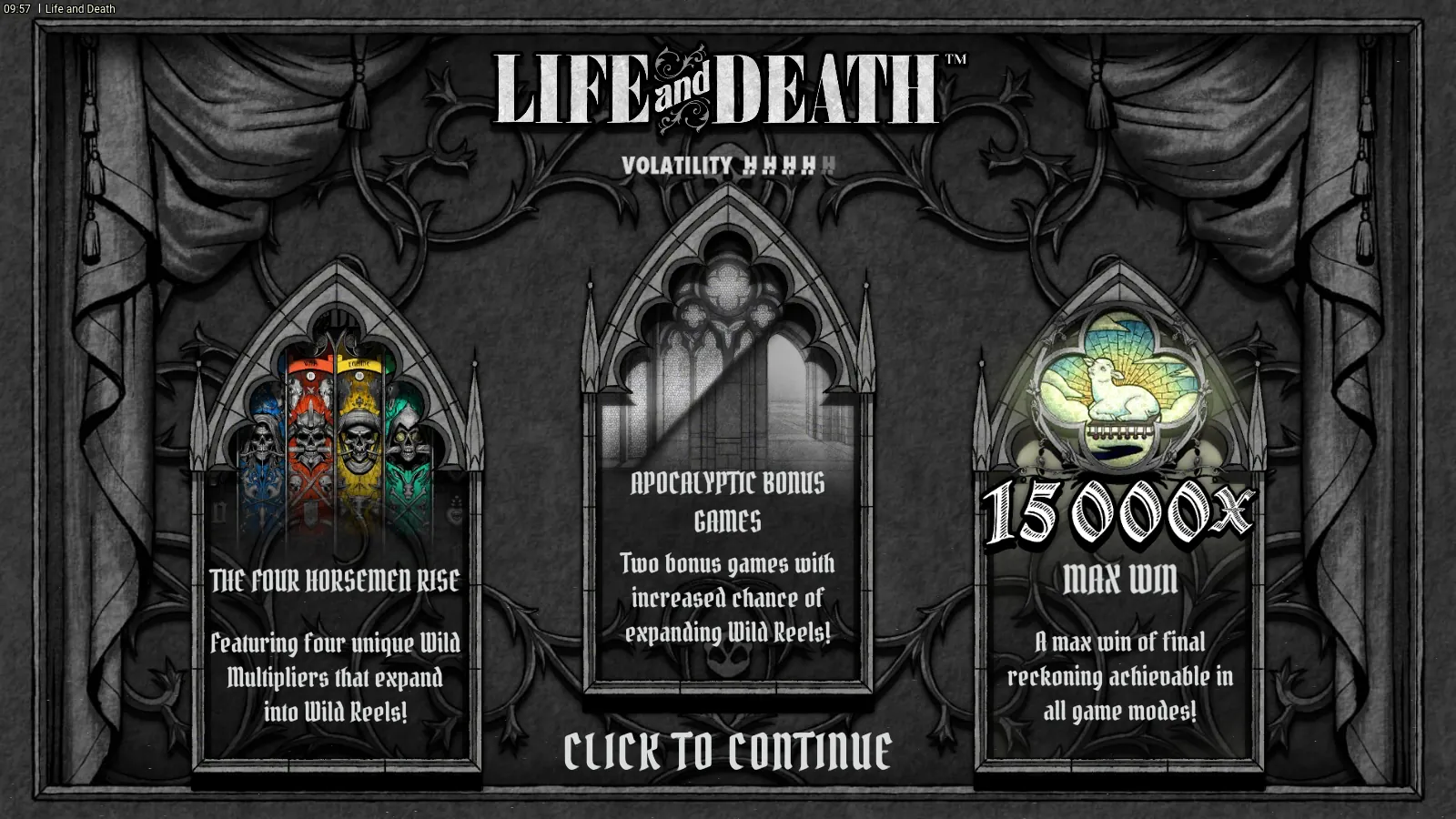 Life and Death splash with three stained-glass arches