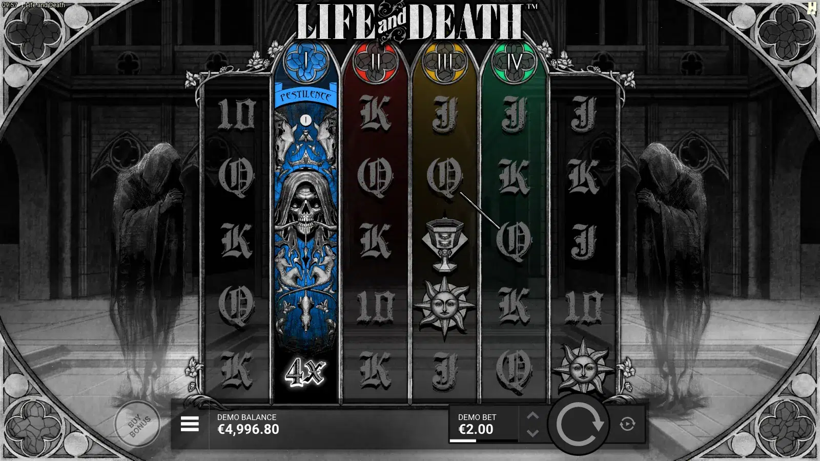 Life and Death reels with blue Pestilence as a 4x Wild Reel on reel 2