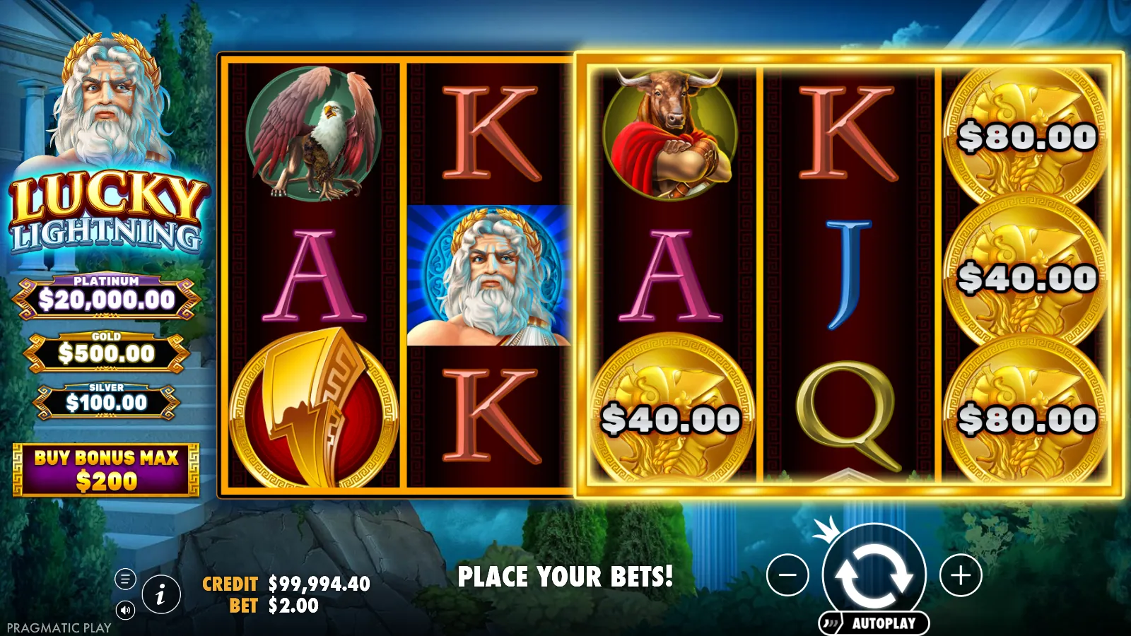 Lucky Lightning reels with a wild on reel 1 and four money symbols on reels 3 and 5