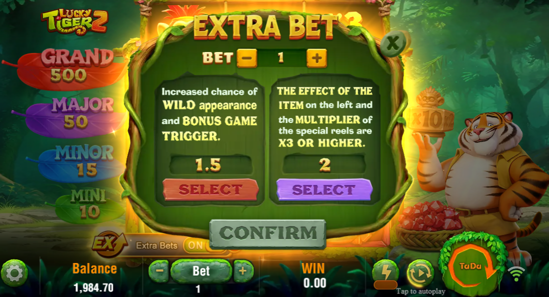 Lucky Tiger 2 Extra Bet options