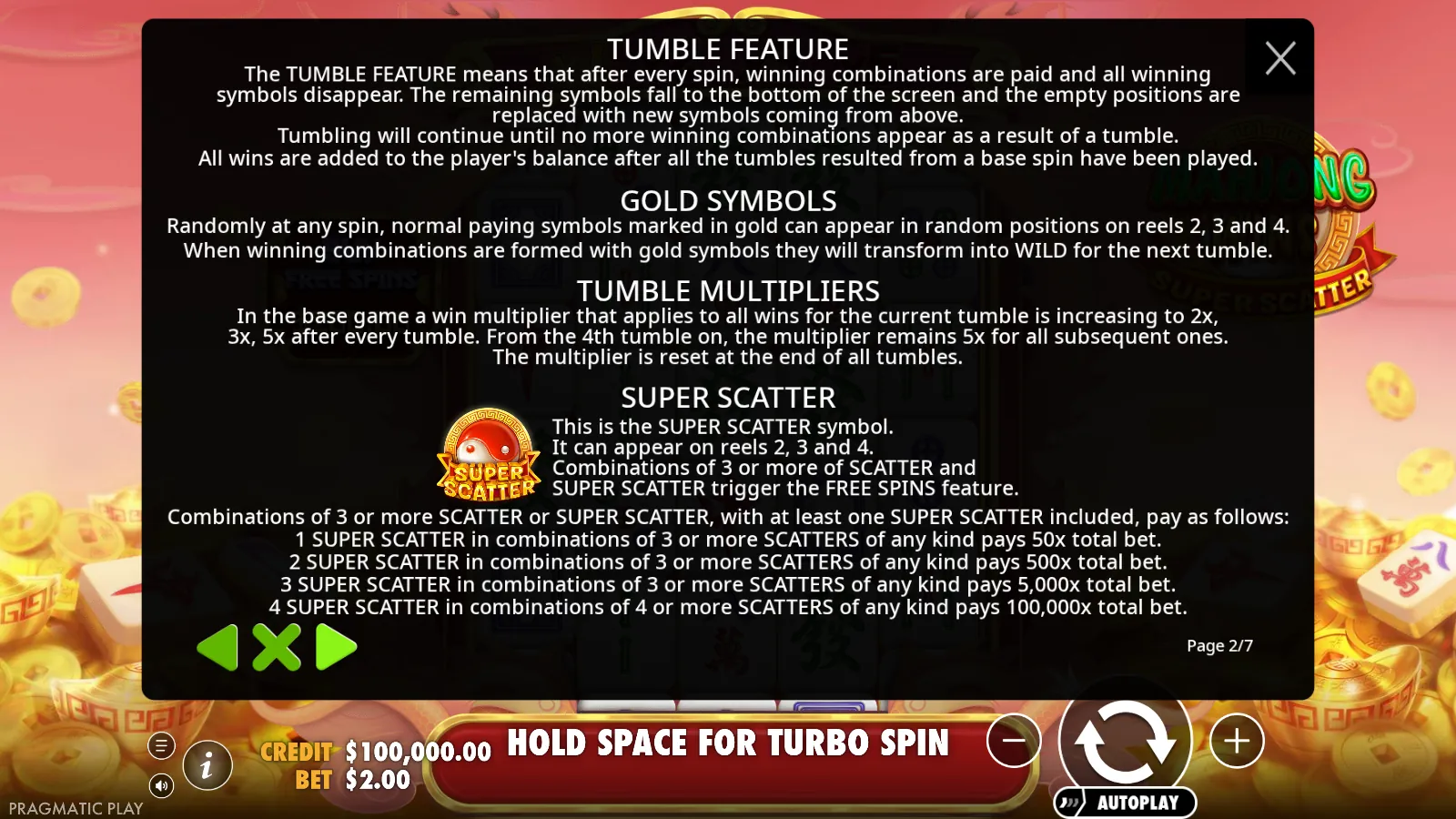 Mahjong Wins Super Scatter rules screen showing the tumble feature, gold symbols, tumble multipliers and the Super Scatter pay ladder
