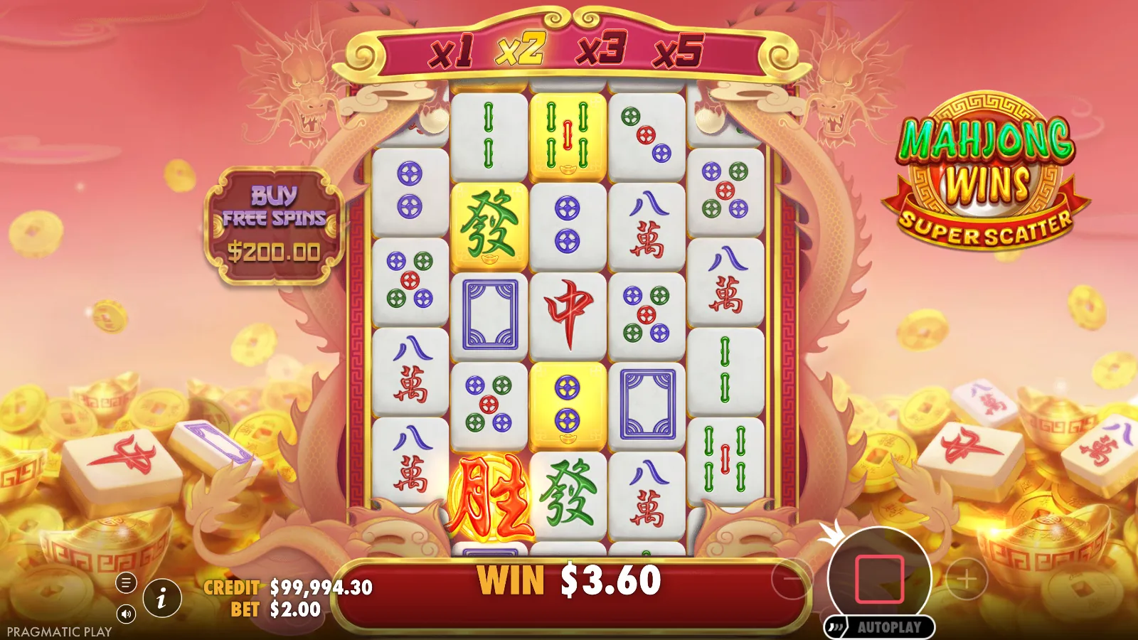Mahjong Wins Super Scatter reels after a $3.60 win at a $2.00 bet, with gold-framed tiles on reels 2 and 3 and the x1 x2 x3 x5 multiplier banner above