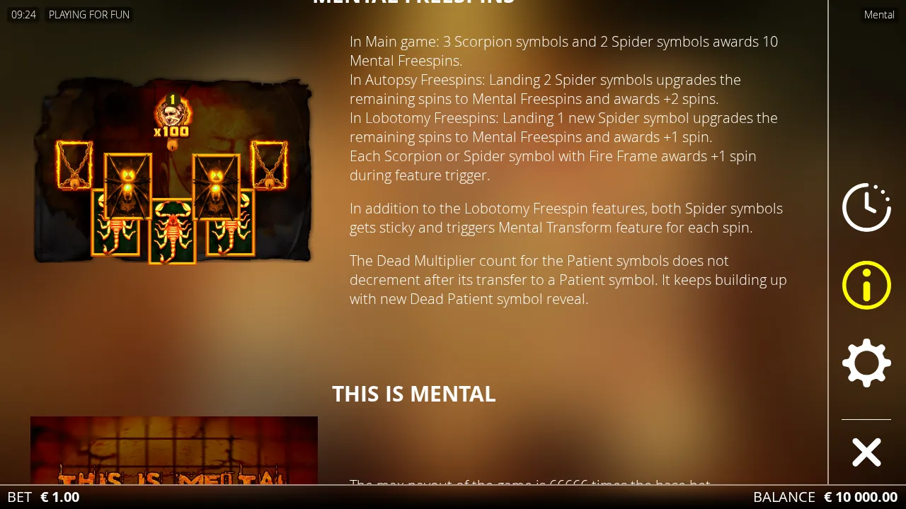 Mental free spins panel showing two Spider symbols, three Scorpions and an x100 multiplier