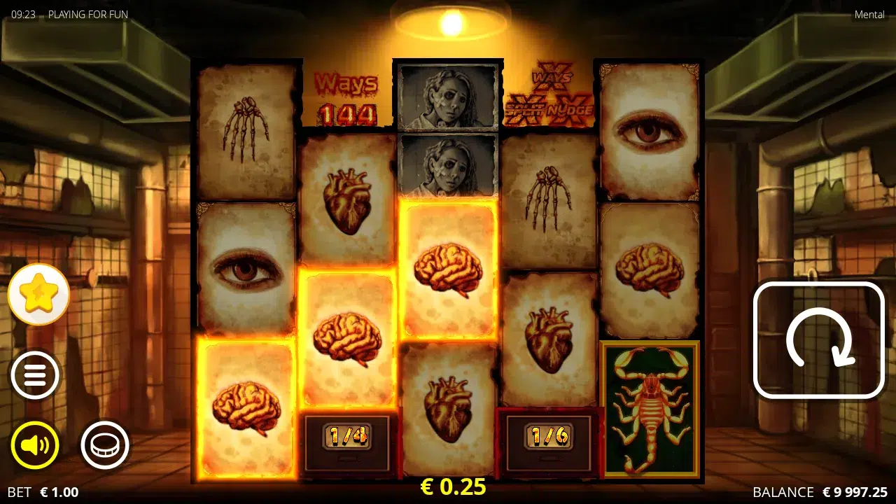 Mental reels with three brain symbols lit inside Fire Frames and a Scorpion on the fifth reel