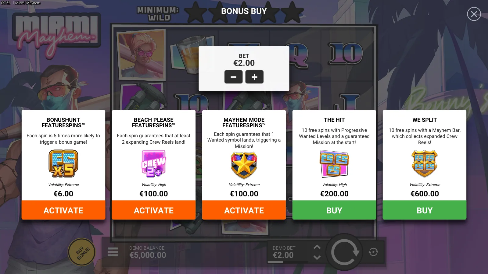 Miami Mayhem bonus buy panel with five options