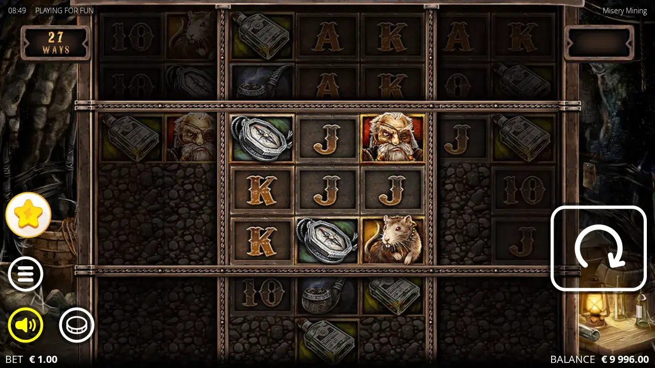 Misery Mining main game with the central 3x3 open, a dwarf, a rat and two compasses in play and the outer mine dimmed behind barriers