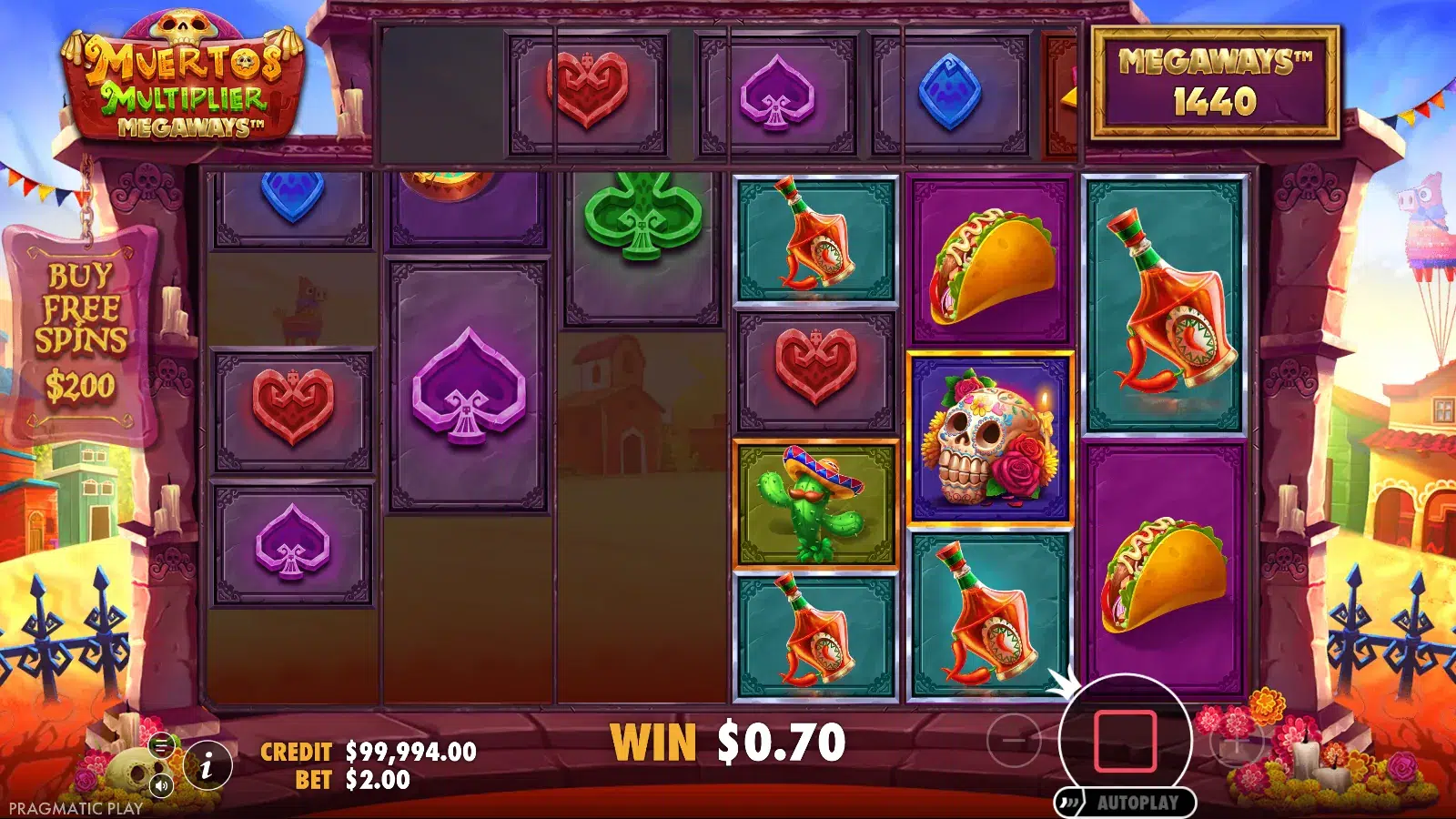 Muertos Multiplier Megaways mid-tumble, cleared positions on reels 1 to 3 and a $0.70 win on the message bar