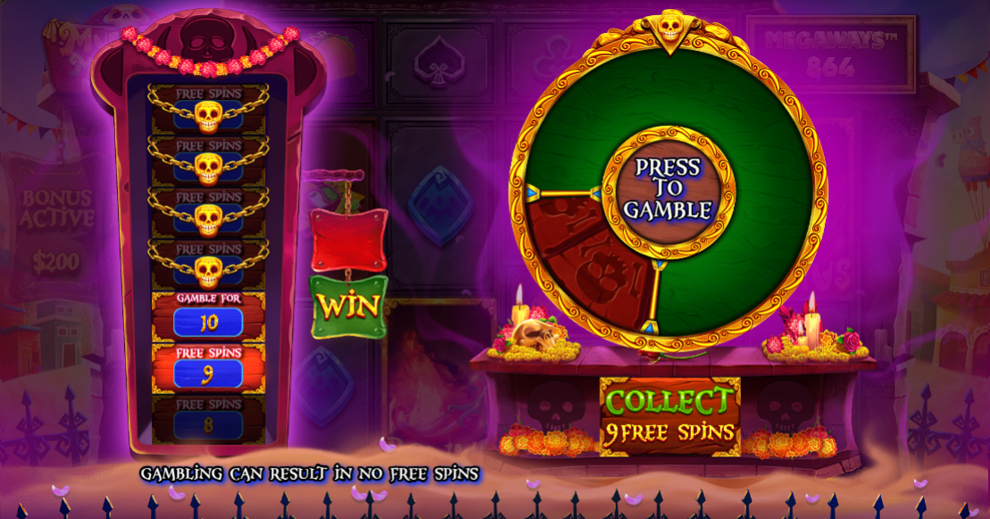 Muertos Multiplier Megaways gamble wheel offering to gamble 9 free spins for 10.