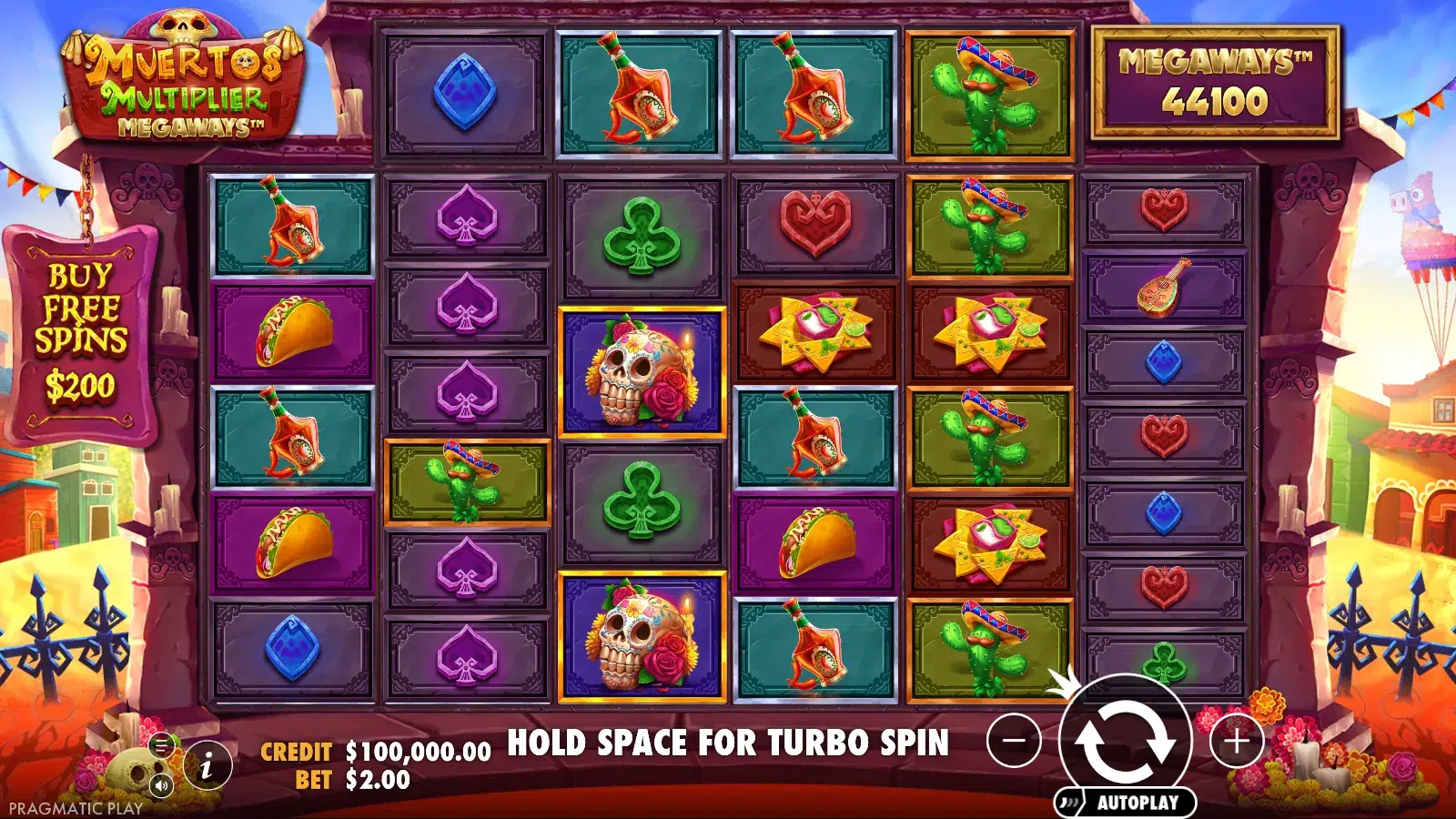 Muertos Multiplier Megaways base game with the six Megaways reels, the independent top row and the MEGAWAYS counter at 44,100