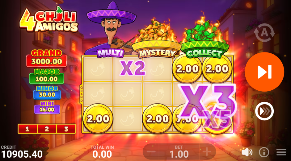 Chili bonus round with x2, x3 and x5 multipliers landing on the grid under the violet Multi pot