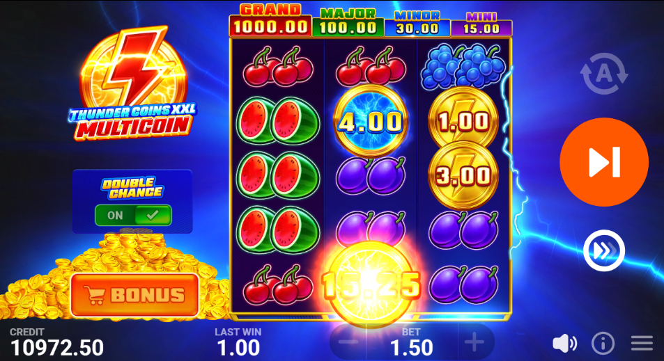 Blue Thunder Coin at 4.00 and a red Multicoin together on the middle reel with two gold coins on the right reel