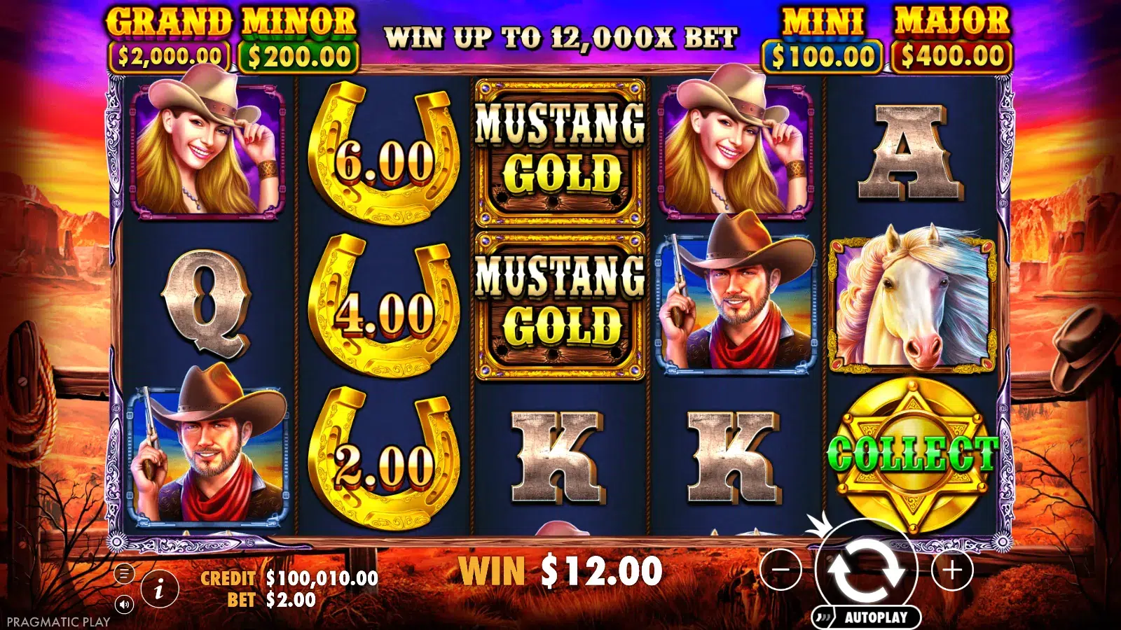 Mustang Gold with three horseshoes on reel 2 and a collect star on reel 5 paying $12