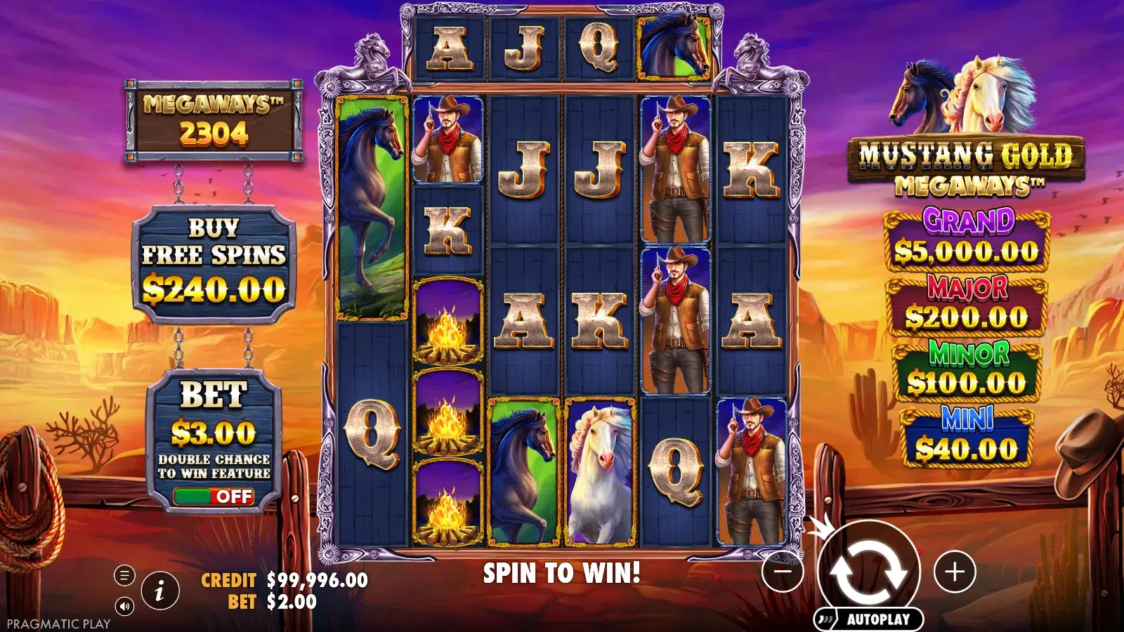 Mustang Gold Megaways grid with three stacked campfire scatters on reel 2 and no win