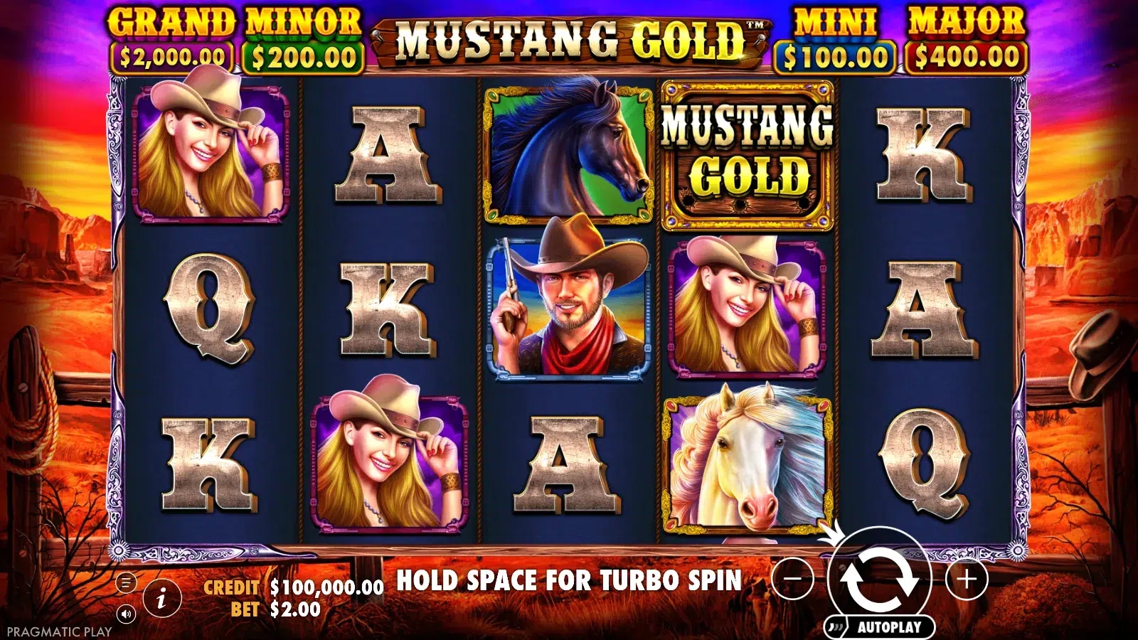 Mustang Gold reels at rest with the four jackpot banners above them