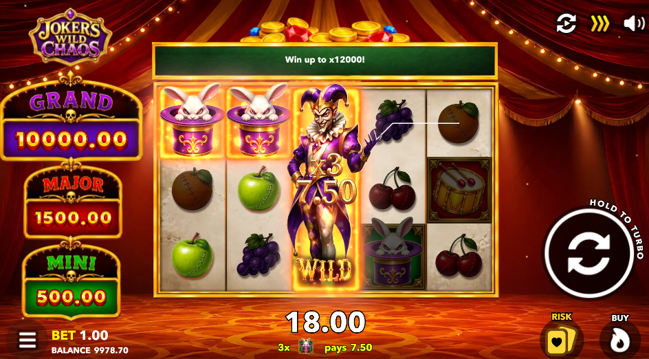 oker's Wild Chaos joker Wild fully in view on the middle reel showing an x3 multiplier during a win
