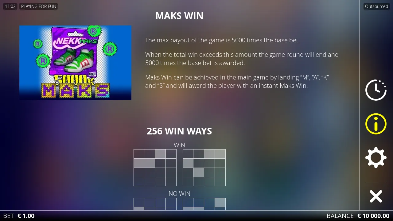Outsourced rules screen showing the MAKS WIN sneaker packet and the 5,000x maximum payout rule