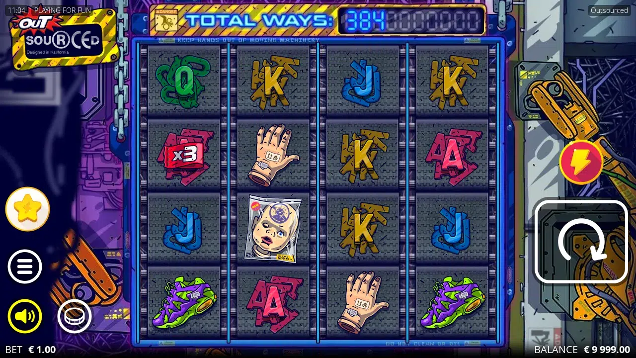 Outsourced 4x4 reels with an x3 multiplier tile on reel 1 and the ways counter reading 384