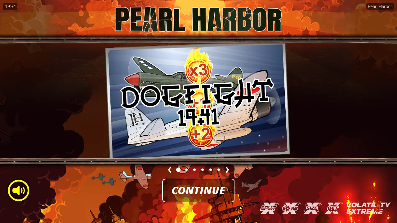 Pearl Harbor splash screen with the Dogfight 1941 card and x3 and +2 multiplier dials