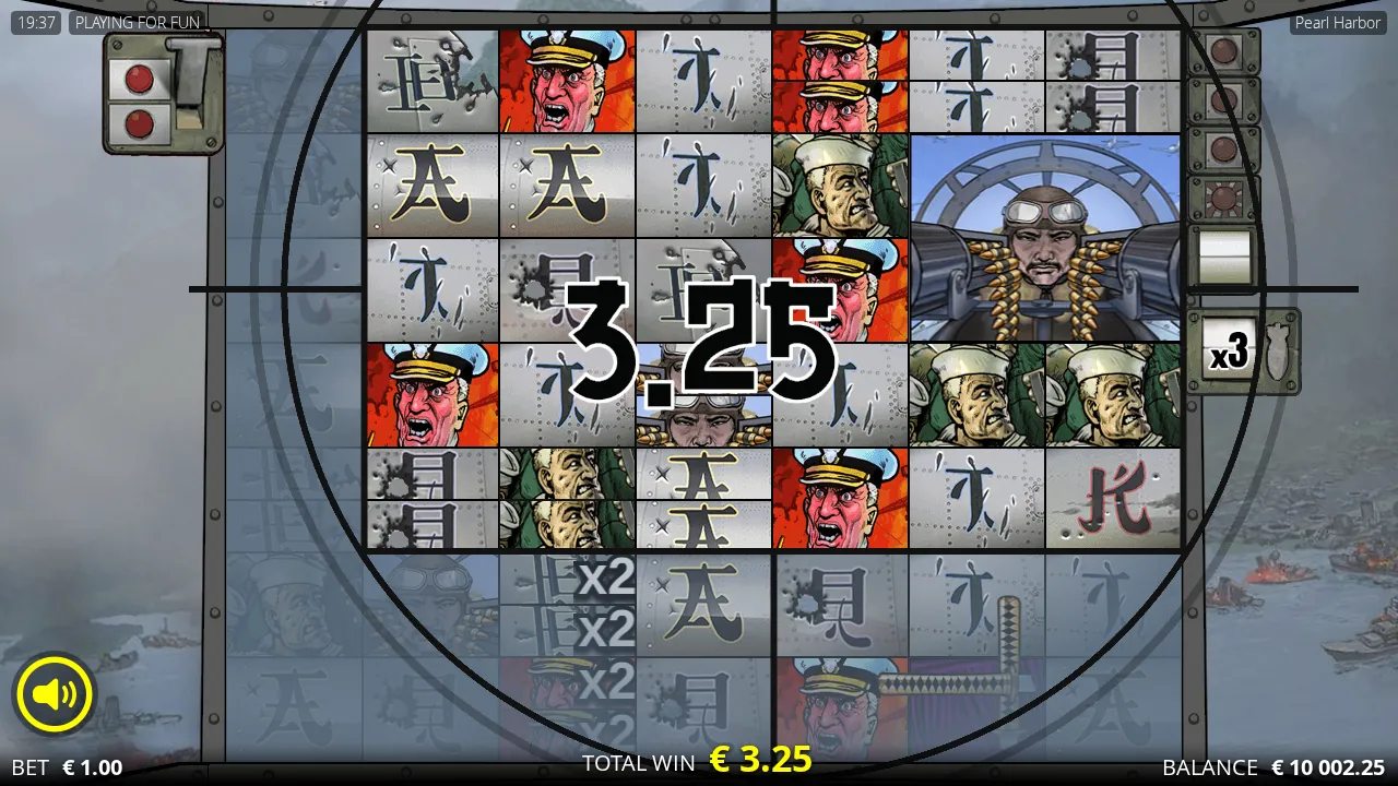 Pearl Harbor reels with the live area grown to 6x5, a 2x2 Colossal fighter pilot and a 3.25x win