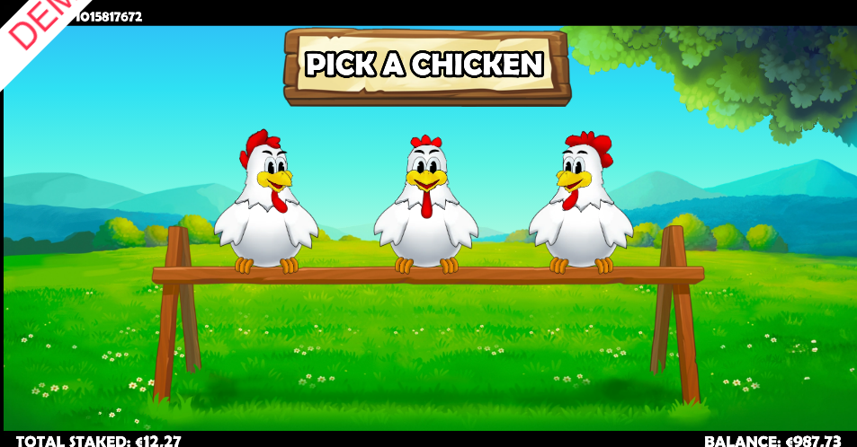 Three white hens on a wooden rail in the Pick a Chicken bonus, a green meadow and mountains behind them