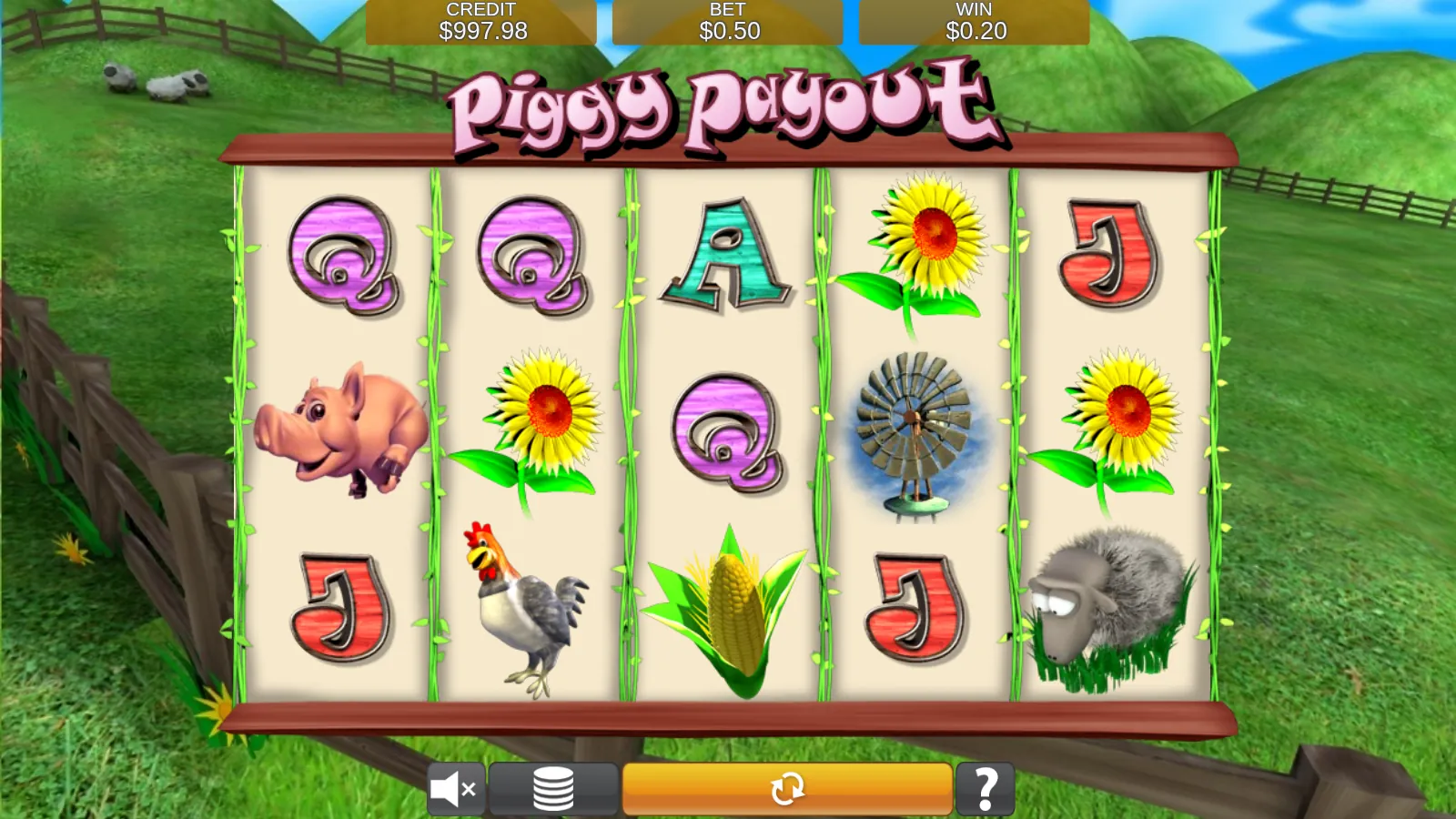 Piggy Payout reels after a spin with the Windmill substitute on reel 4 and a Pig on reel 1