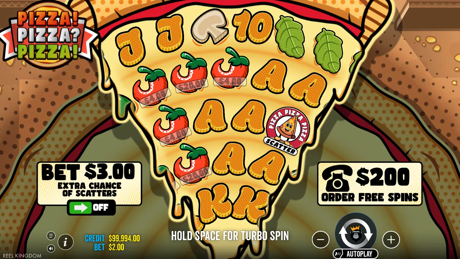 Pizza! Pizza? Pizza! reels showing five money toppings and one scatter