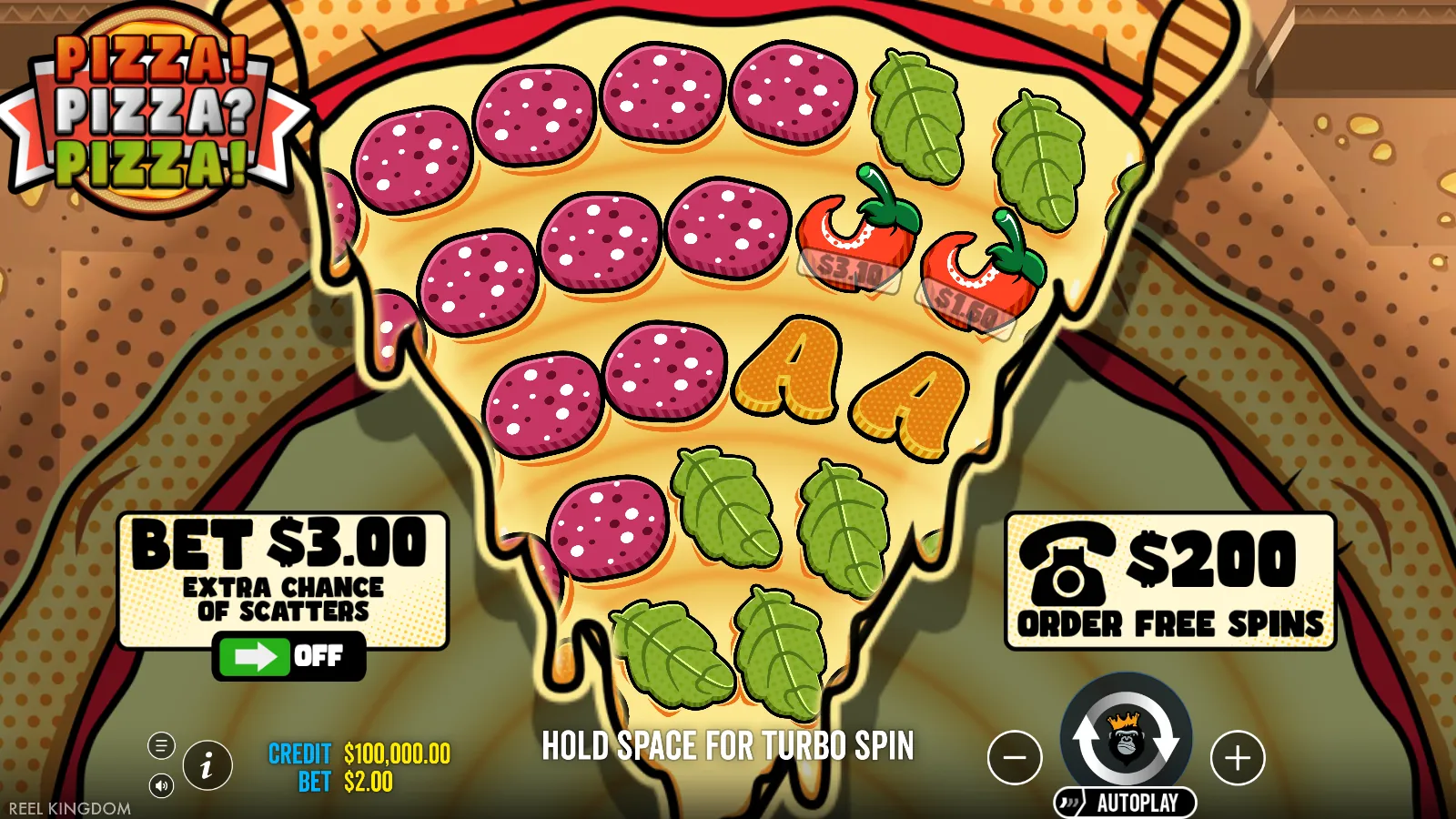 Pizza! Pizza? Pizza! reels idle in the pizza-slice frame with two money toppings showing
