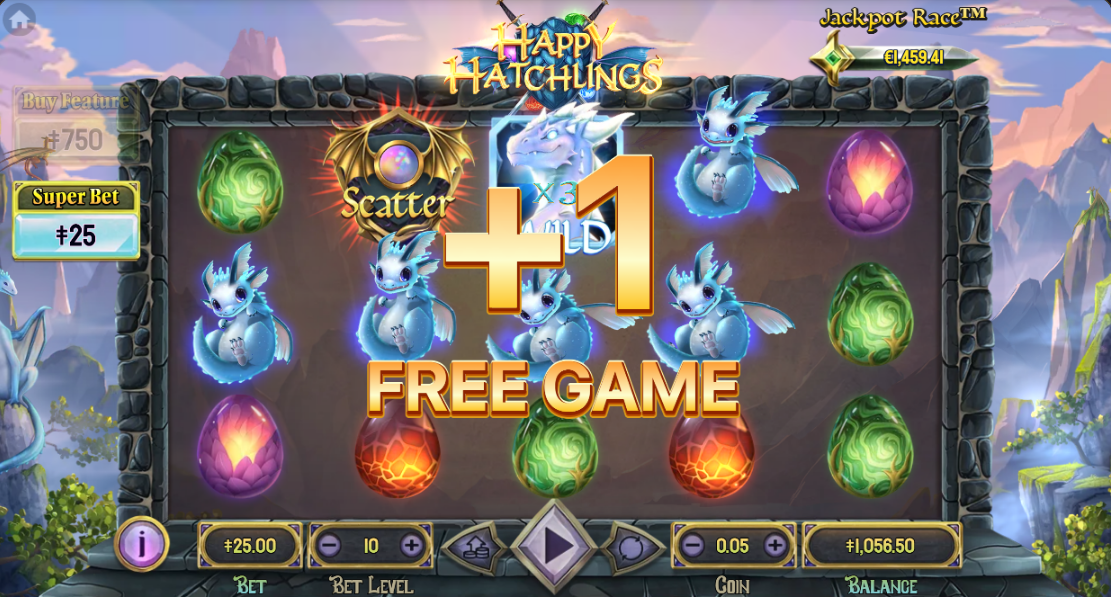 Happy Hatchlings free games showing a +1 Free Game award as a scatter lands, the gold shield firing on reel 2 among blue hatchlings