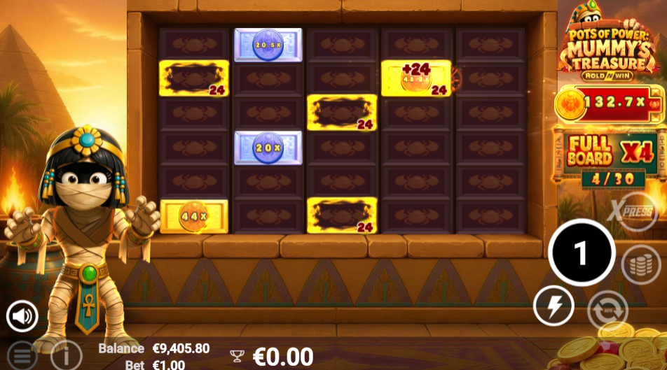 Power Frames each holding 24 and a coin raised to 44x after a frame landed on it